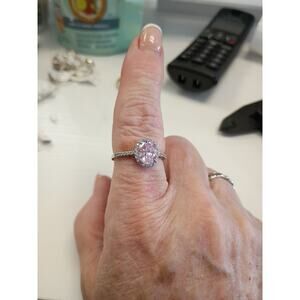 Sterling Silver 925 By SW Ring Size 9 Pink Oval Center & Clear Stone Halo